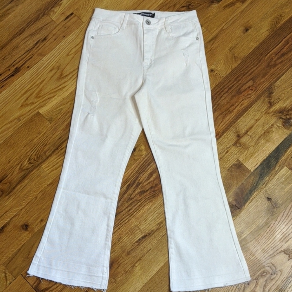 NWT Dollhouse high waist kickboot white distress denim jeans raw hem bootcut